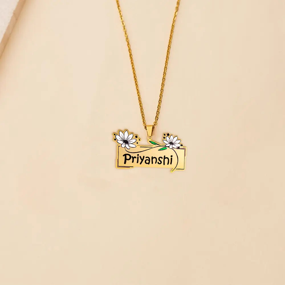 24K Gold Plated Personalize Daisy Flowers Enamel Eith Engrave Your Name Necklace
