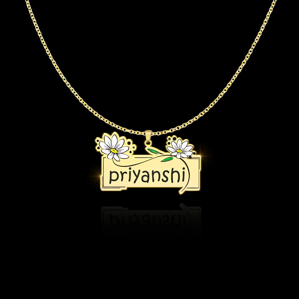 24K Gold Plated Personalize Daisy Flowers Enamel Eith Engrave Your Name Necklace
