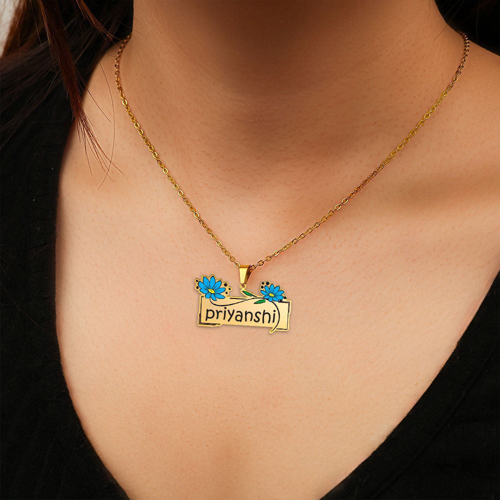 24K Gold Plated Personalize Daisy Flowers Enamel Eith Engrave Your Name Necklace