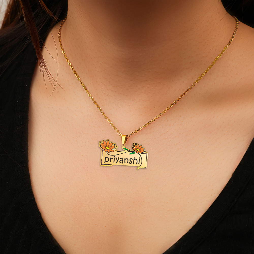 24K Gold Plated Personalize Daisy Flowers Enamel Eith Engrave Your Name Necklace