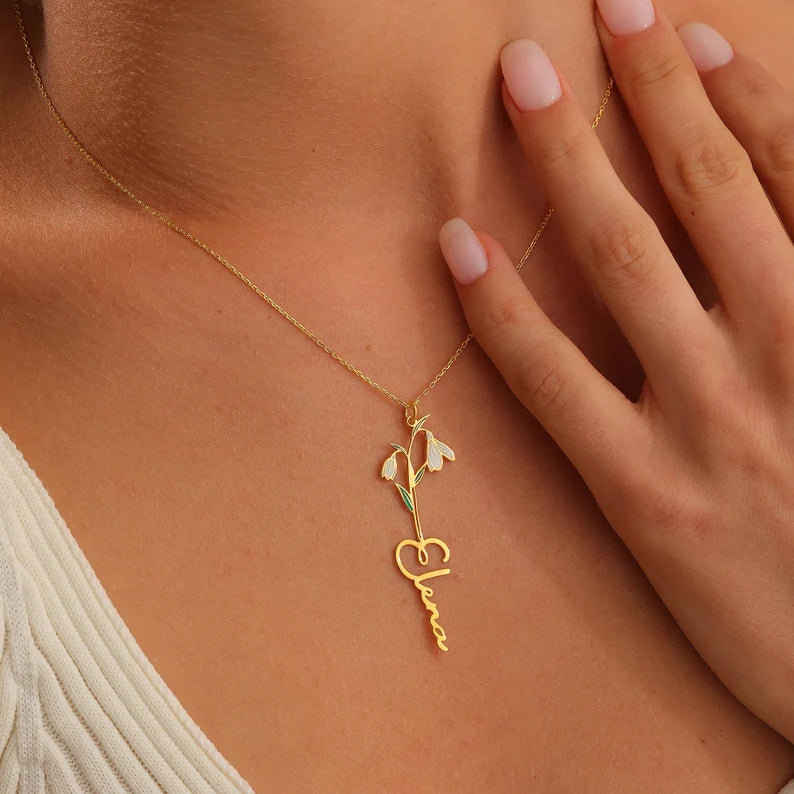 24K Gold Plated Personalize Enamel Snowdrop Flower With Name Necklace
