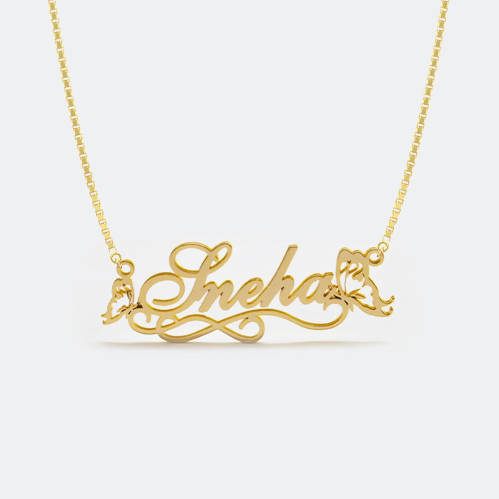 24K Gold Plated Personalize Single Name With Butterflies Necklace