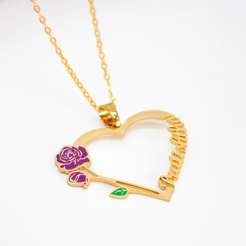 24K Gold Plated Personalize Dainty Name with Vintage Flower Heart Necklace