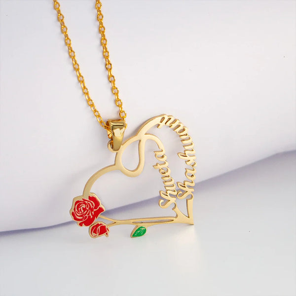 24K Gold Plated Personalize Couple Name with Vintage Flower Heart Necklace