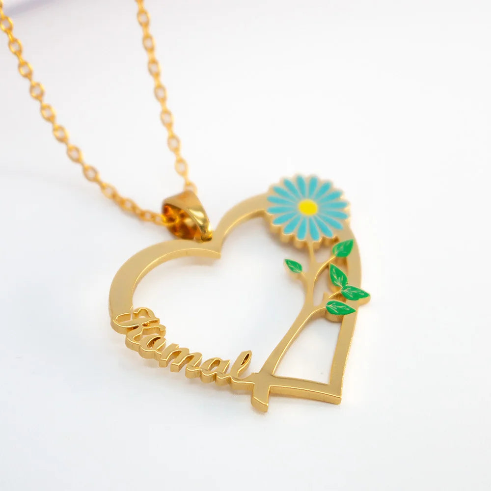 24K Gold Plated Personalize Name with Daisy Flower with Heart Necklace