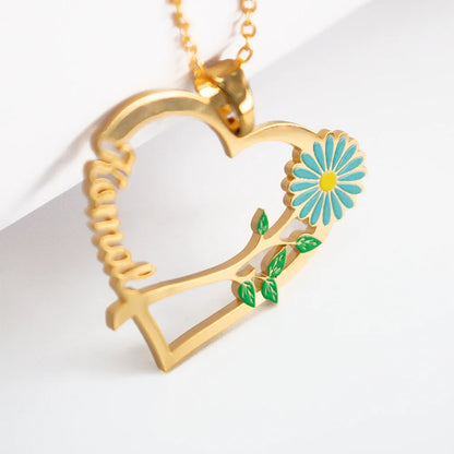 24K Gold Plated Personalize Name with Daisy Flower with Heart Necklace