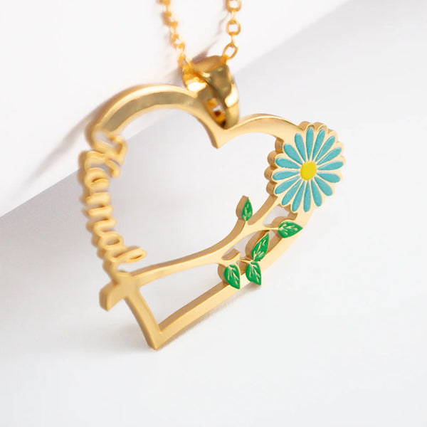 24K Gold Plated Personalize Name with Daisy Flower with Heart Necklace