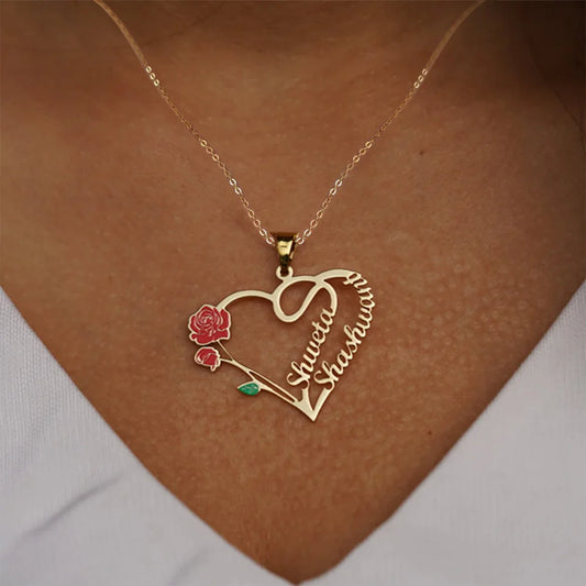 24K Gold Plated Personalize Couple Name with Vintage Flower Heart Necklace