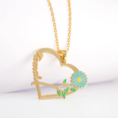 24K Gold Plated Personalize Name with Daisy Flower with Heart Necklace