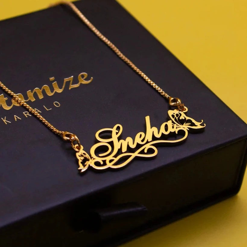 24K Gold Plated Personalize Single Name With Butterflies Necklace