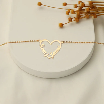 24K Gold Plated Personalize Couple Name In Heart Shape Necklace