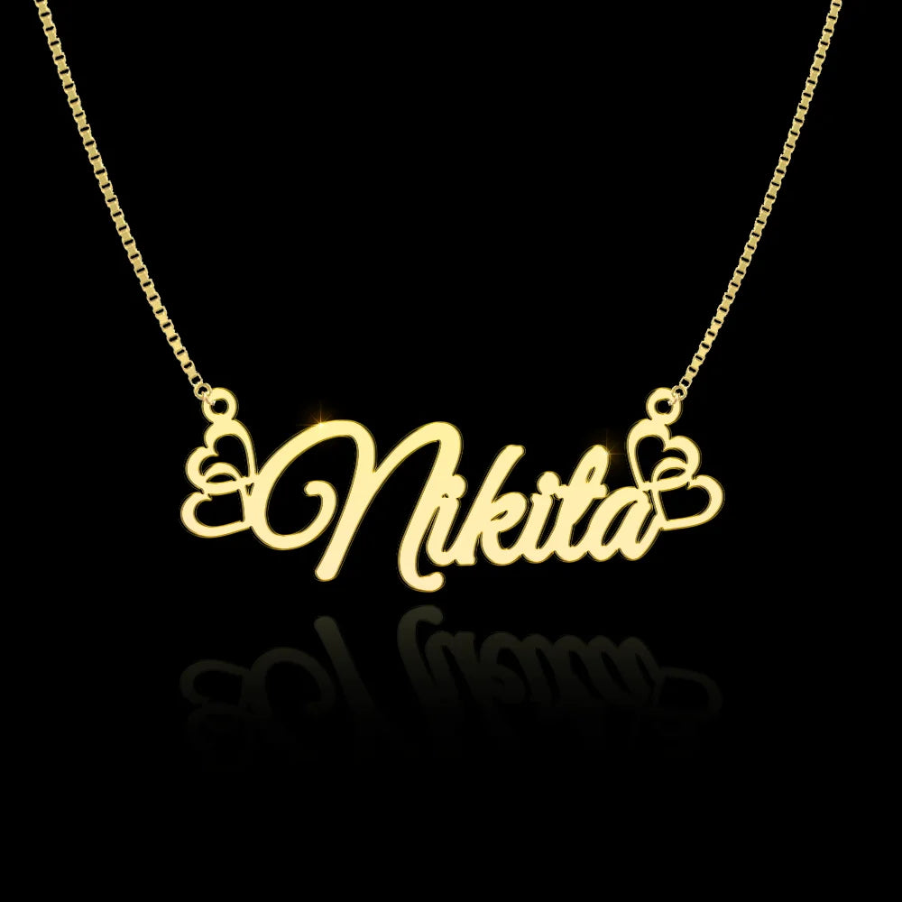 24K Gold Plated Personalize Name With Hallow Hearts Necklace