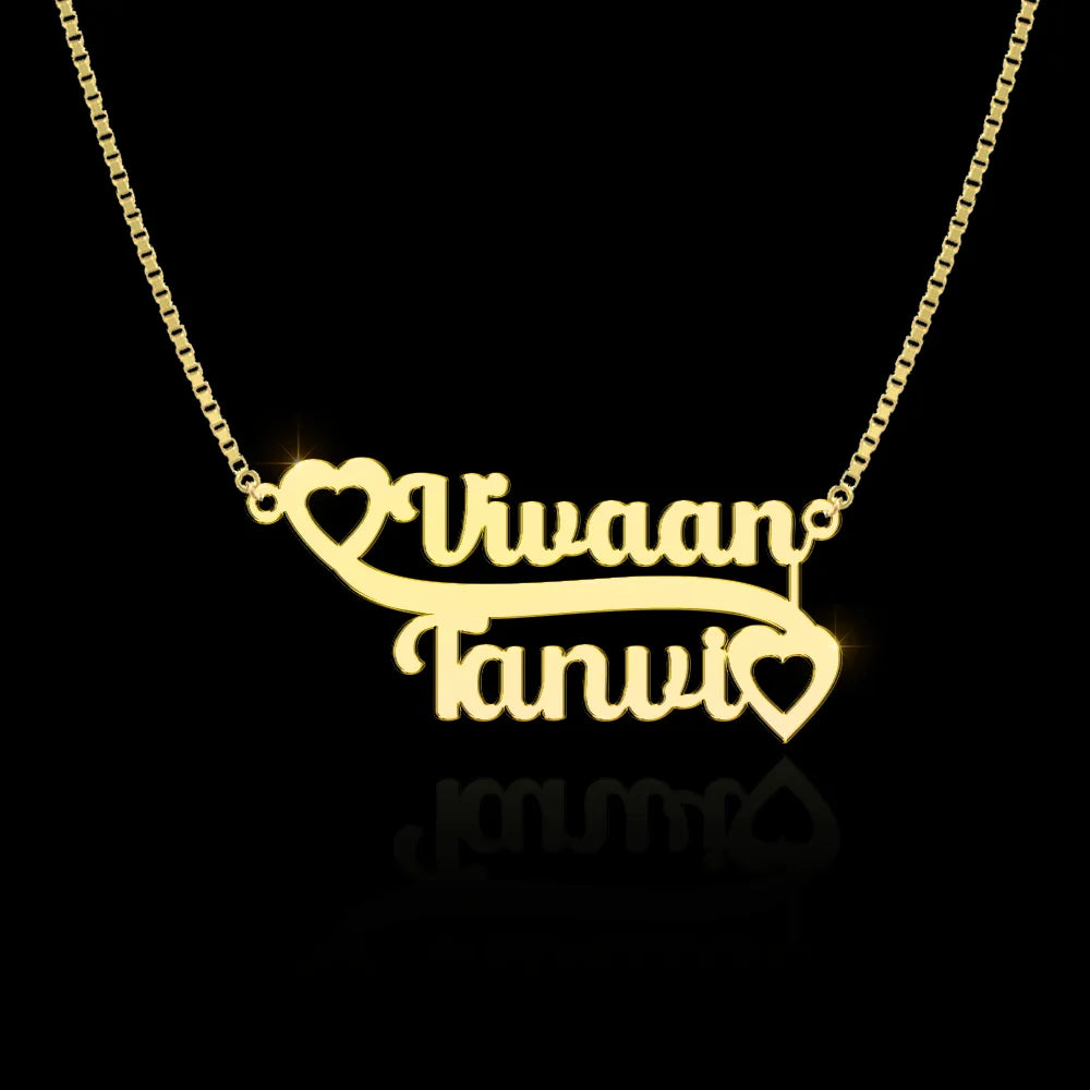 24K Gold Plated Personalize Couple Name With Double Heart Necklace