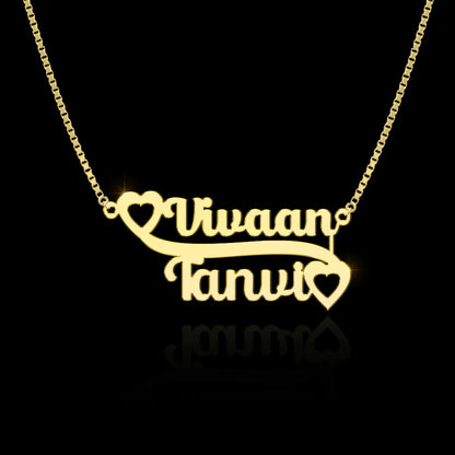 24K Gold Plated Personalize Couple Name With Double Heart Necklace