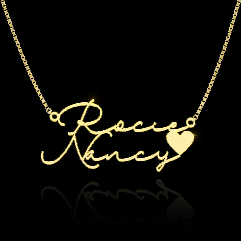 24K Gold Plated Personalize Couple Name in Signature Style With Heart Necklace