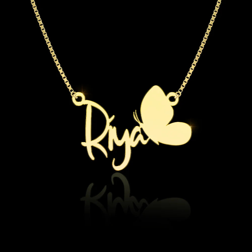 24K Gold Plated Personalize Name With Cute Butterfly Sitting On Name Necklace