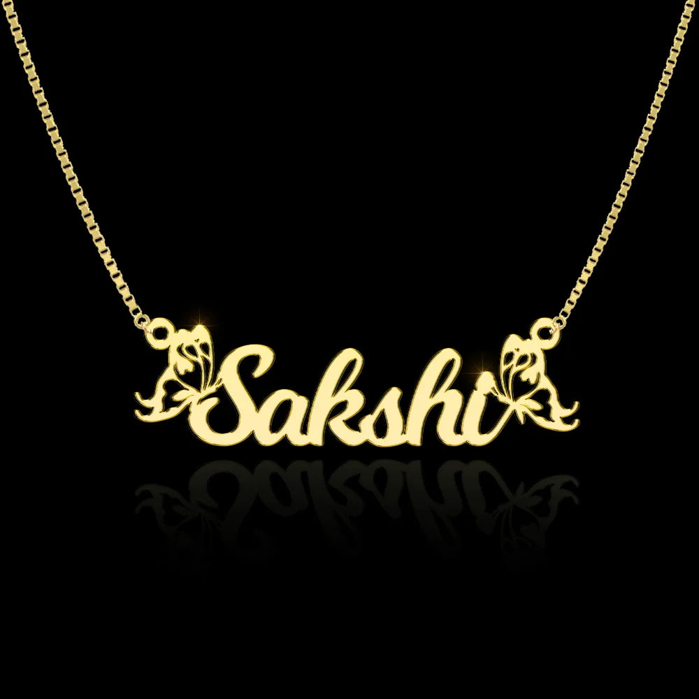 24K Gold Plated Personalize Name With Double Butterfly Necklace