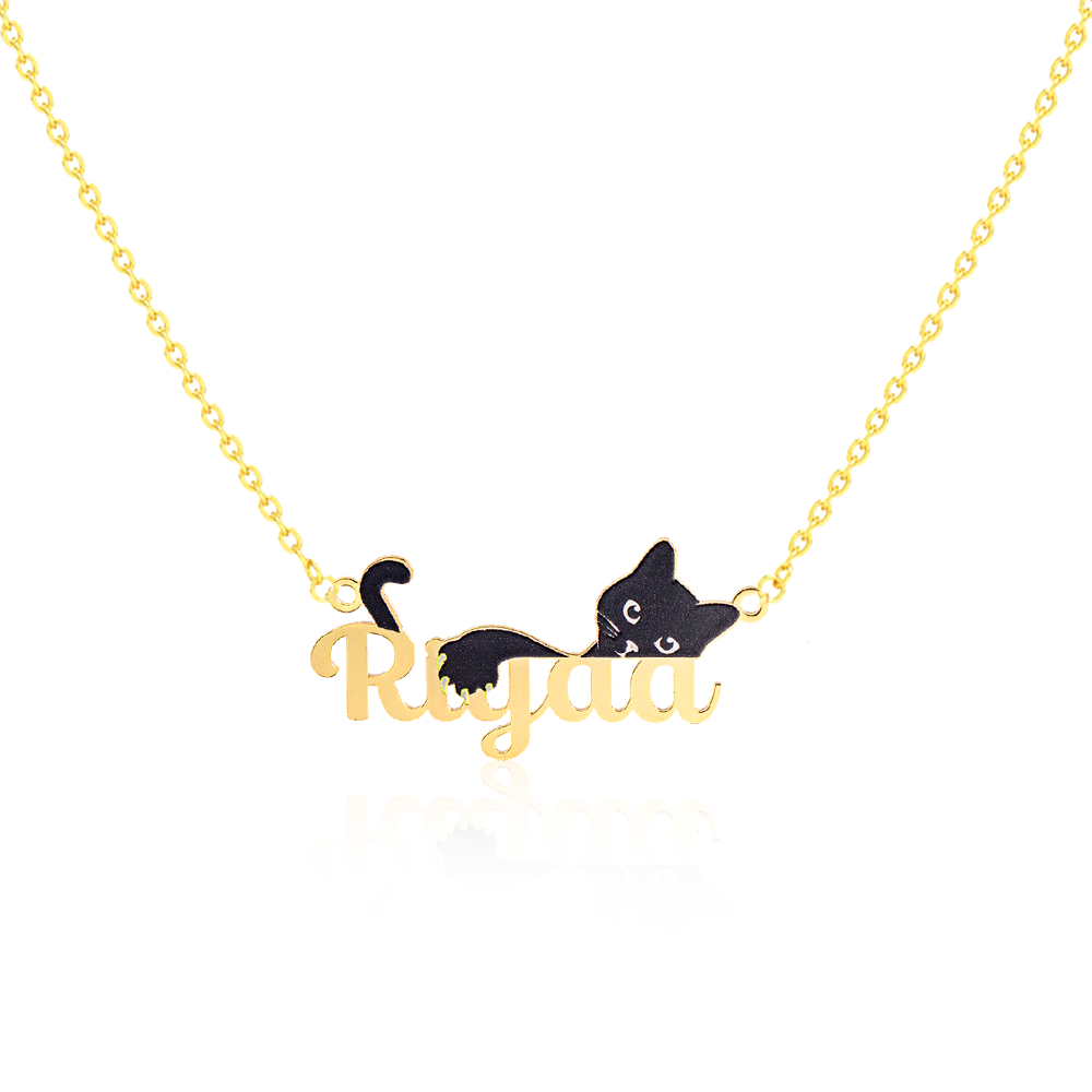 24K Gold Plated Personalize Cat Laying On Name Enamel Necklace