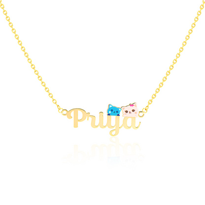 24K Gold Plated Personalize Cute Couple Kitty With Name Enamel Necklace