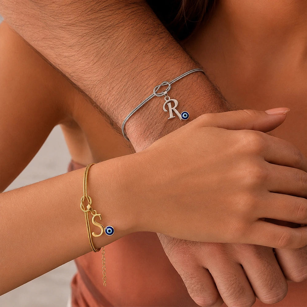Personalized Knot Initial Couple Bracelets with Evil Eye Charm