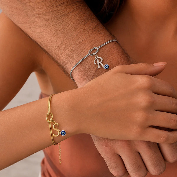 Personalized Infinity Initial Couple Bracelets with Evil Eye Charm