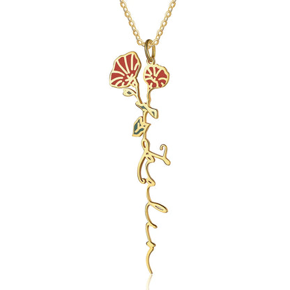 24K Gold Plated Personalize Enamel Morning Glory Flower Name Necklace