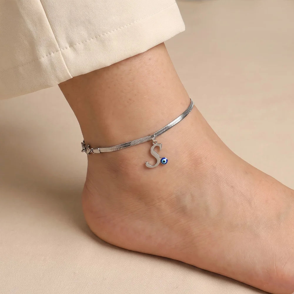 Personalized Initial Anklet with Evil Eye Charm & Heart Extension