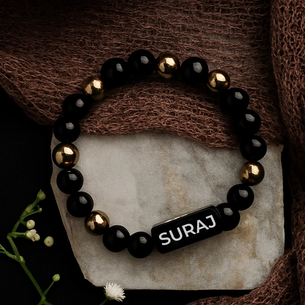 Personalized Black Onyx & Goldstone Bracelet | Lab Certified & Certified | Unisex