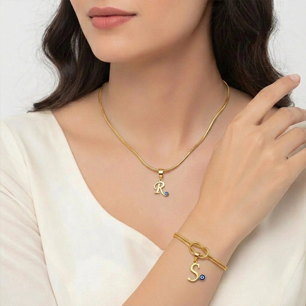 Personalized Initial Evil Eye Pendant and Knot Bracelet Combo Set