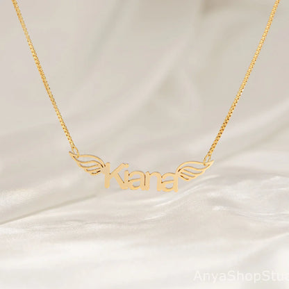 24K Gold Plated Personalize Name With Flying Wings Necklace