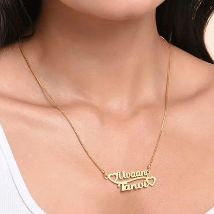 24K Gold Plated Personalize Couple Name With Double Heart Necklace