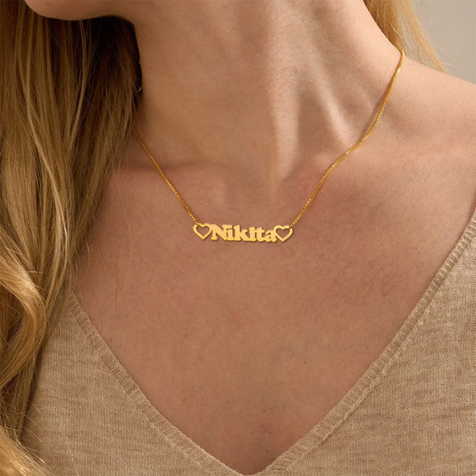 24K Gold Plated Personalize Name With Open Hearts Necklace