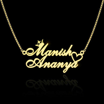 24K Gold Plated Personalize Couple Name With Crown & Heart Necklace