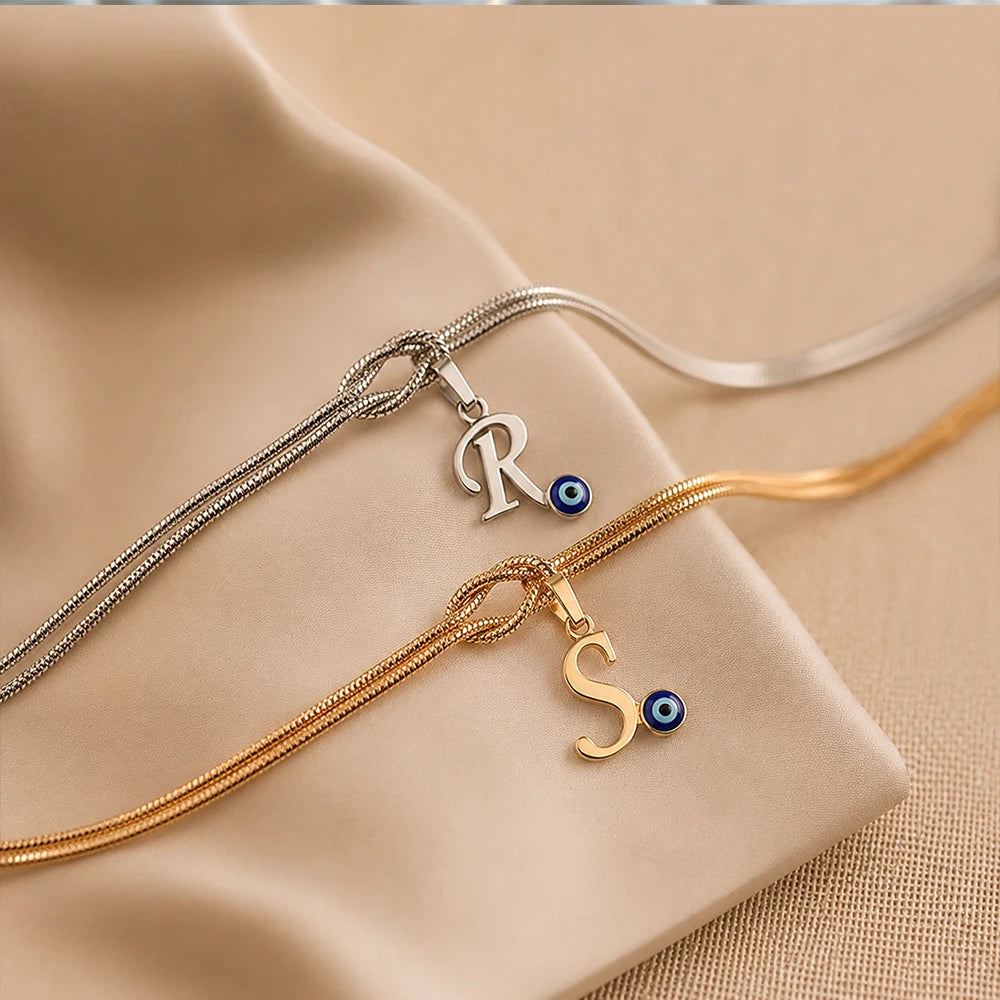 Personalized Knot Initial Couple Bracelets with Evil Eye Charm