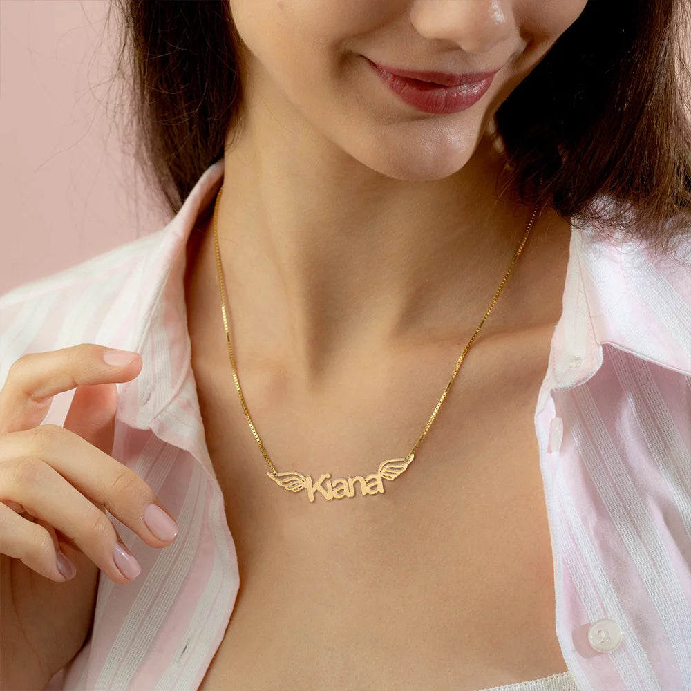 24K Gold Plated Personalize Name With Flying Wings Necklace