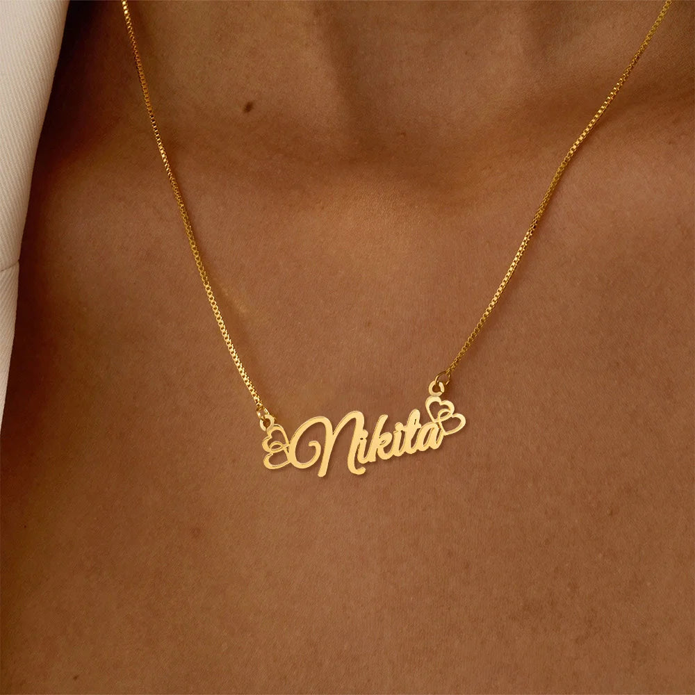 24K Gold Plated Personalize Name With Hallow Hearts Necklace