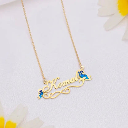 24K Gold Plated Personalize Enamel Butterfly Design Name Necklace