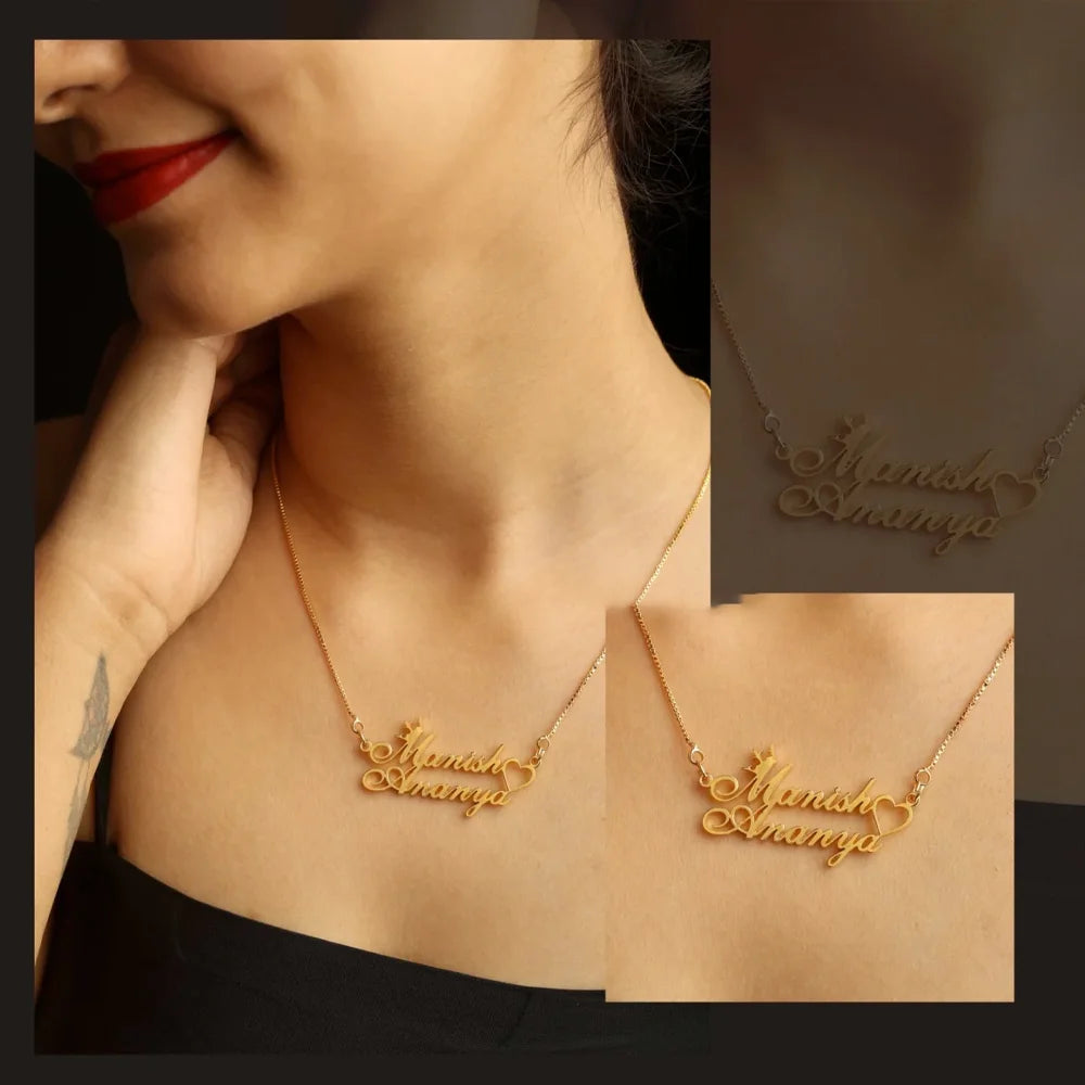 24K Gold Plated Personalize Couple Name With Crown & Heart Necklace