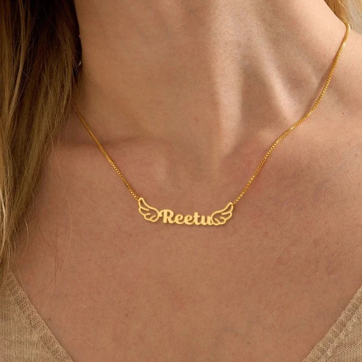 24K Gold Plated Personalize Name With Open Wings Necklace