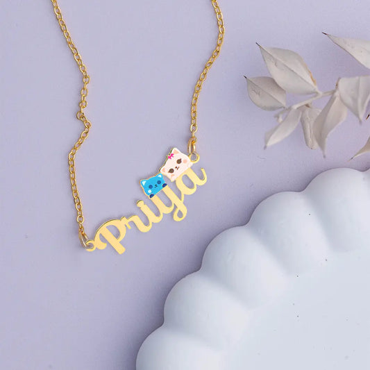 24K Gold Plated Personalize Cute Couple Kitty With Name Enamel Necklace