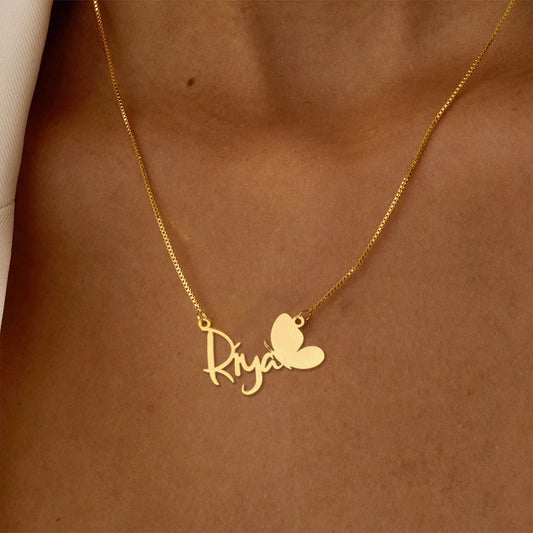 24K Gold Plated Personalize Name With Cute Butterfly Sitting On Name Necklace