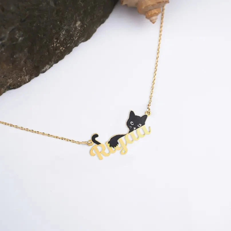 24K Gold Plated Personalize Cat Laying On Name Enamel Necklace