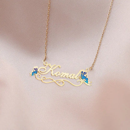 24K Gold Plated Personalize Enamel Butterfly Design Name Necklace