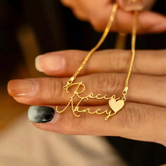 24K Gold Plated Personalize Couple Name in Signature Style With Heart Necklace