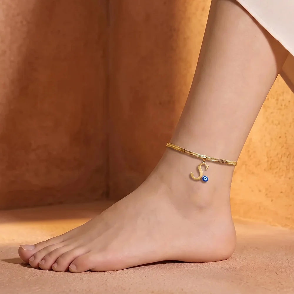 Personalized Initial Anklet with Evil Eye Charm & Heart Extension