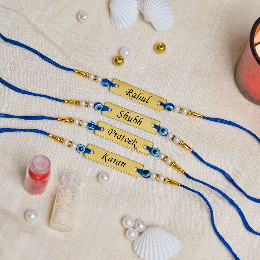 Personalized Engraved Golden Name Rakhi With Evil Eye