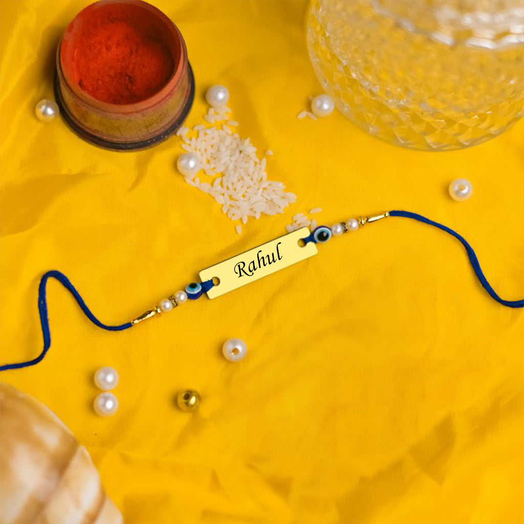 Personalized Engraved Golden Name Rakhi With Evil Eye