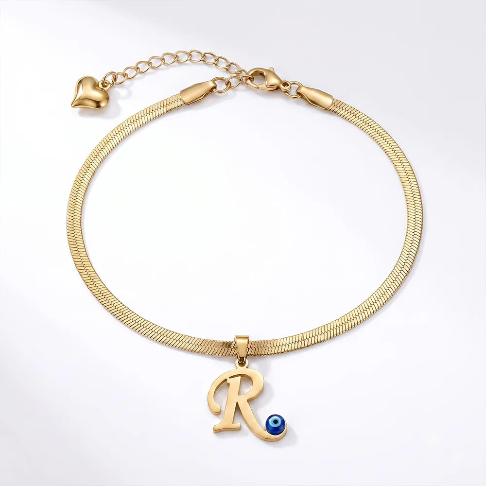 Personalized Initial Anklet with Evil Eye Charm & Heart Extension