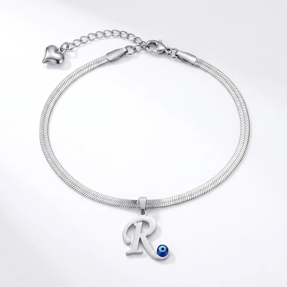 Personalized Initial Anklet with Evil Eye Charm & Heart Extension