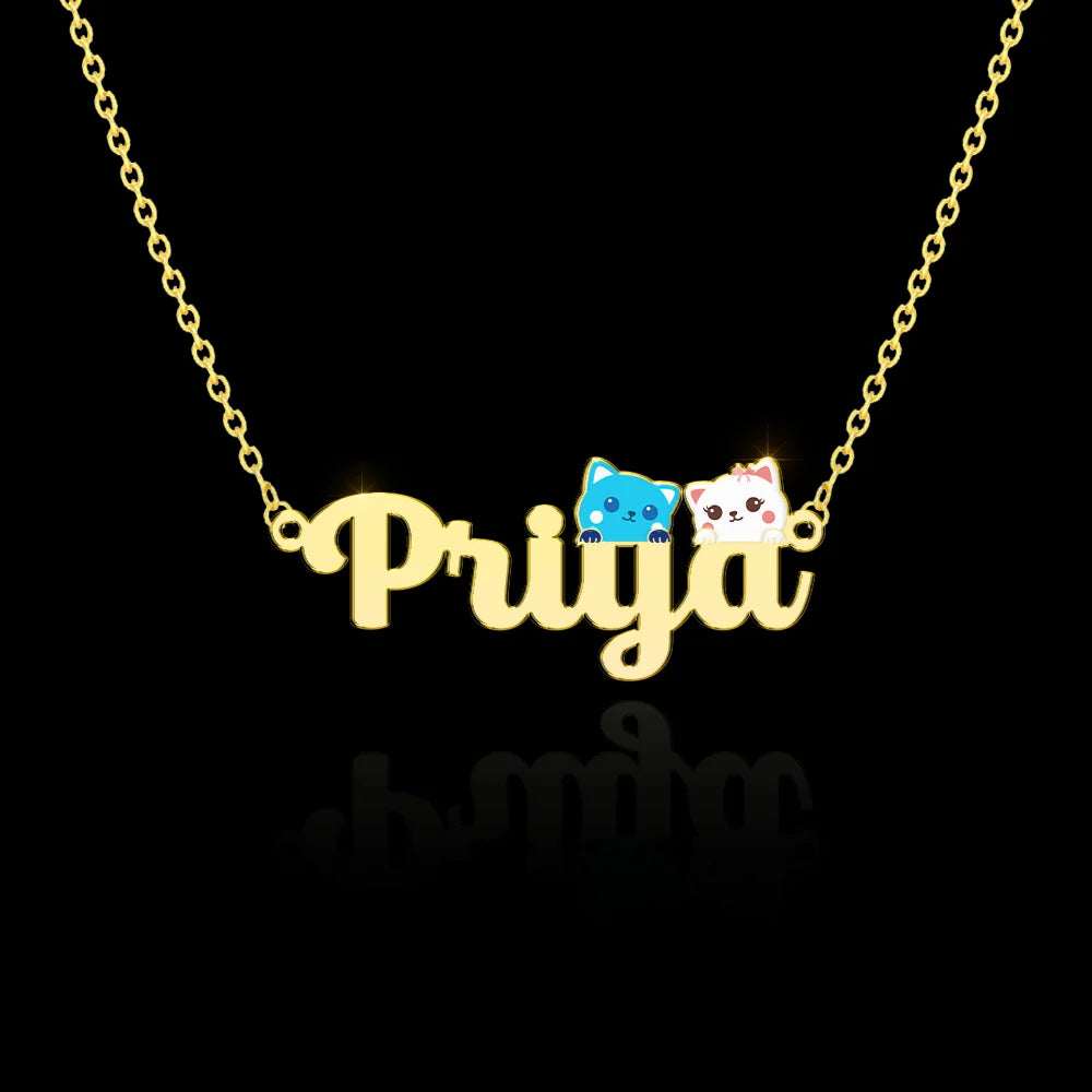 24K Gold Plated Personalize Cute Couple Kitty With Name Enamel Necklace